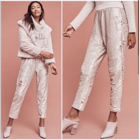 ANTHROPOLOGIE Hei Hei Cream Gold Sequin Jogger pants pockets - Picture 1 of 10